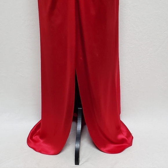 Vintage 90s ABS Evening Red Charmeuse Satin Halter Plunging Neckline Maxi Dress - Picture 9 of 15